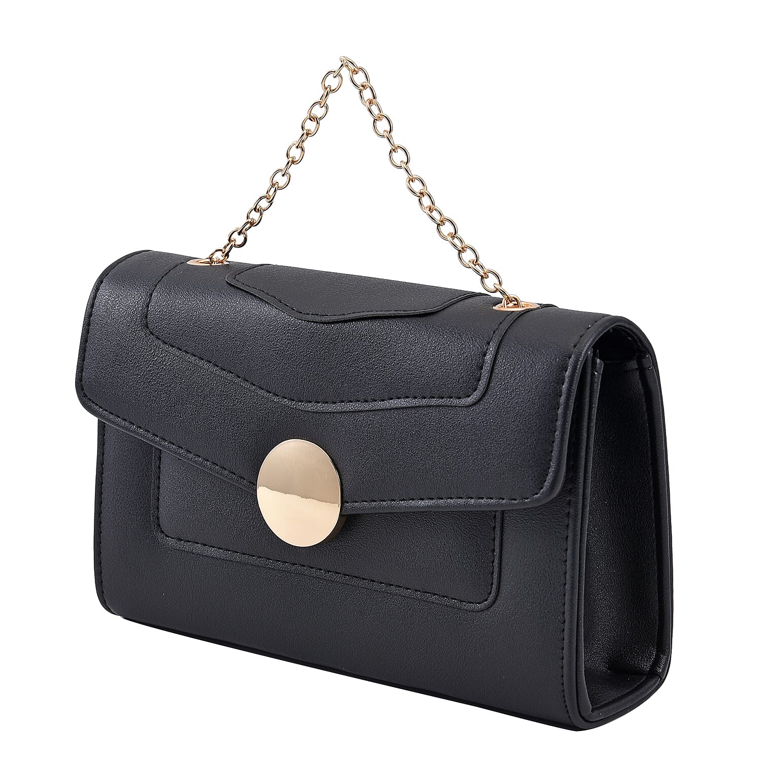 Litchi Grain Pattern Clutch Bag with Metal Chain and Shoulder Strap (Size 22x12x7 Cm) -Black