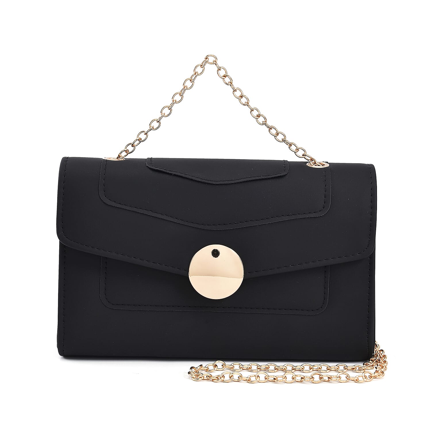 PU Matte Clutch Bag with Metal Chain and Shoulder Strap - Black