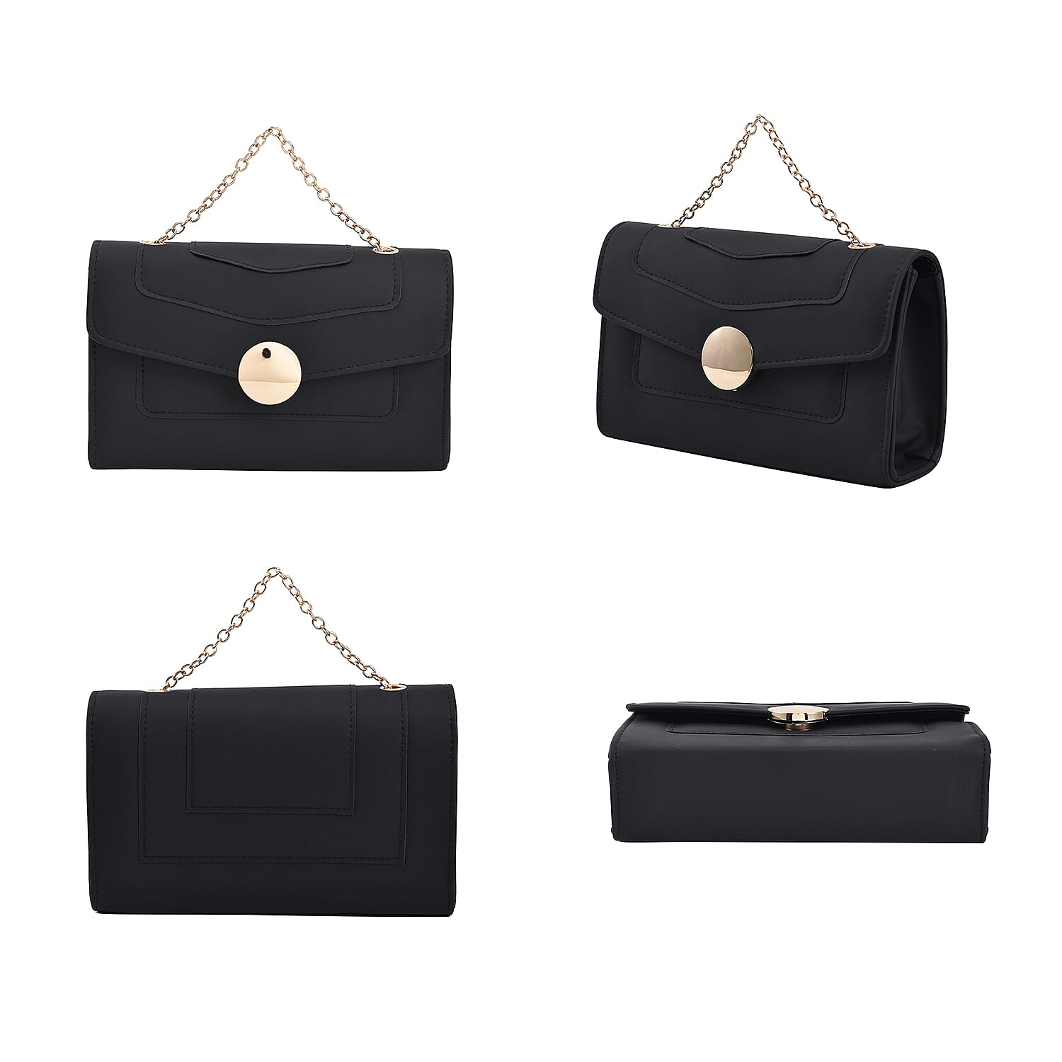 PU Matte Clutch Bag with Metal Chain and Shoulder Strap - Black