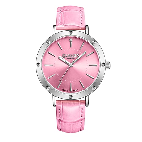 Gamages Of London Ladies Distinguished Pink Dial Diamond Studded Water Resistant Watch with Pink Leather Strap
