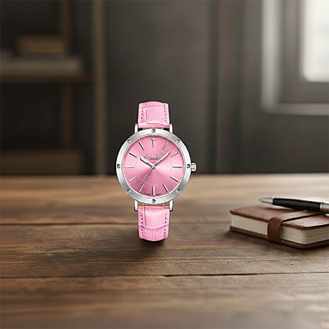 Gamages Of London Ladies Distinguished Pink Dial Diamond Studded Water Resistant Watch with Pink Leather Strap