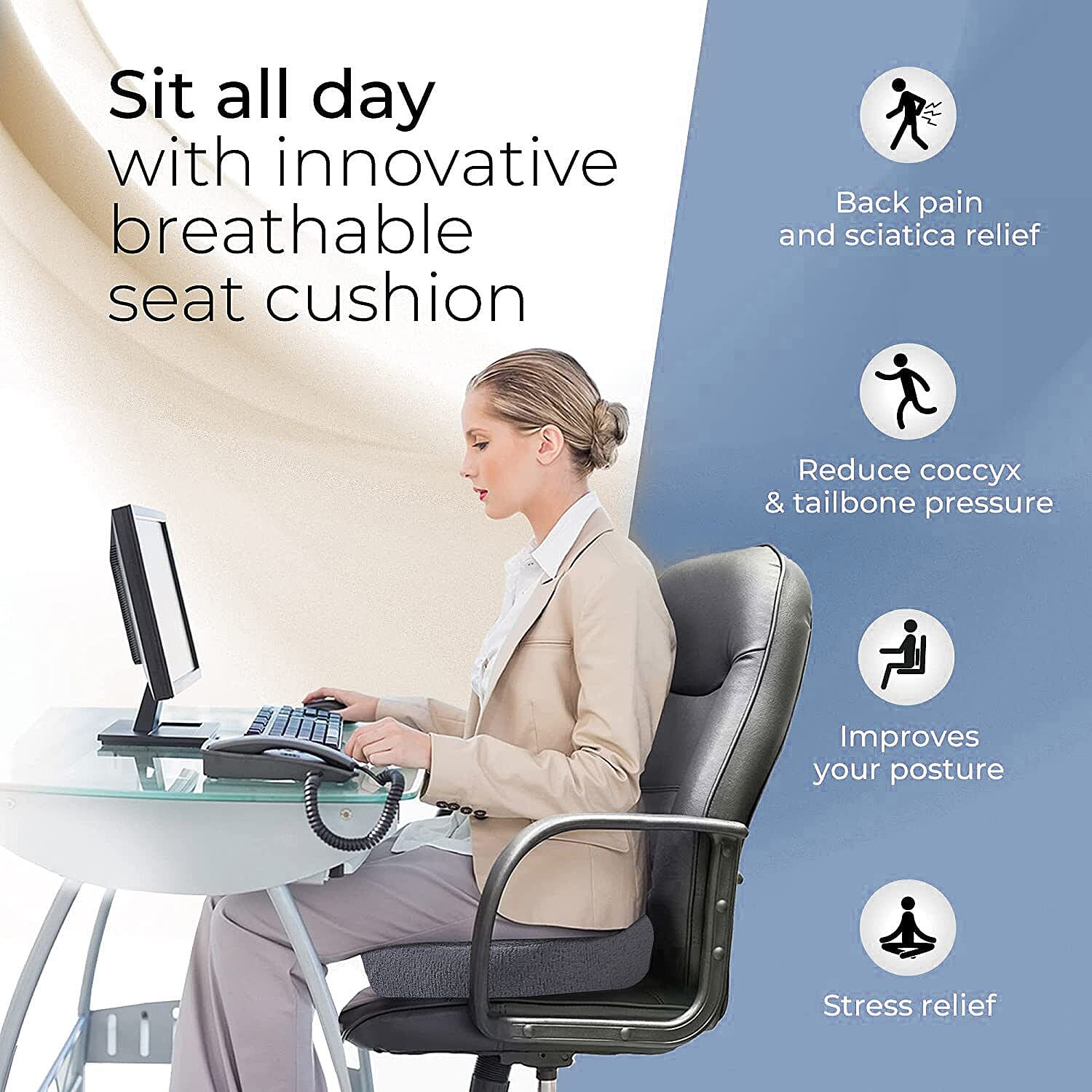 Memory Foam Seat Cushion (Size 44x35x7 cm) - Dark Grey