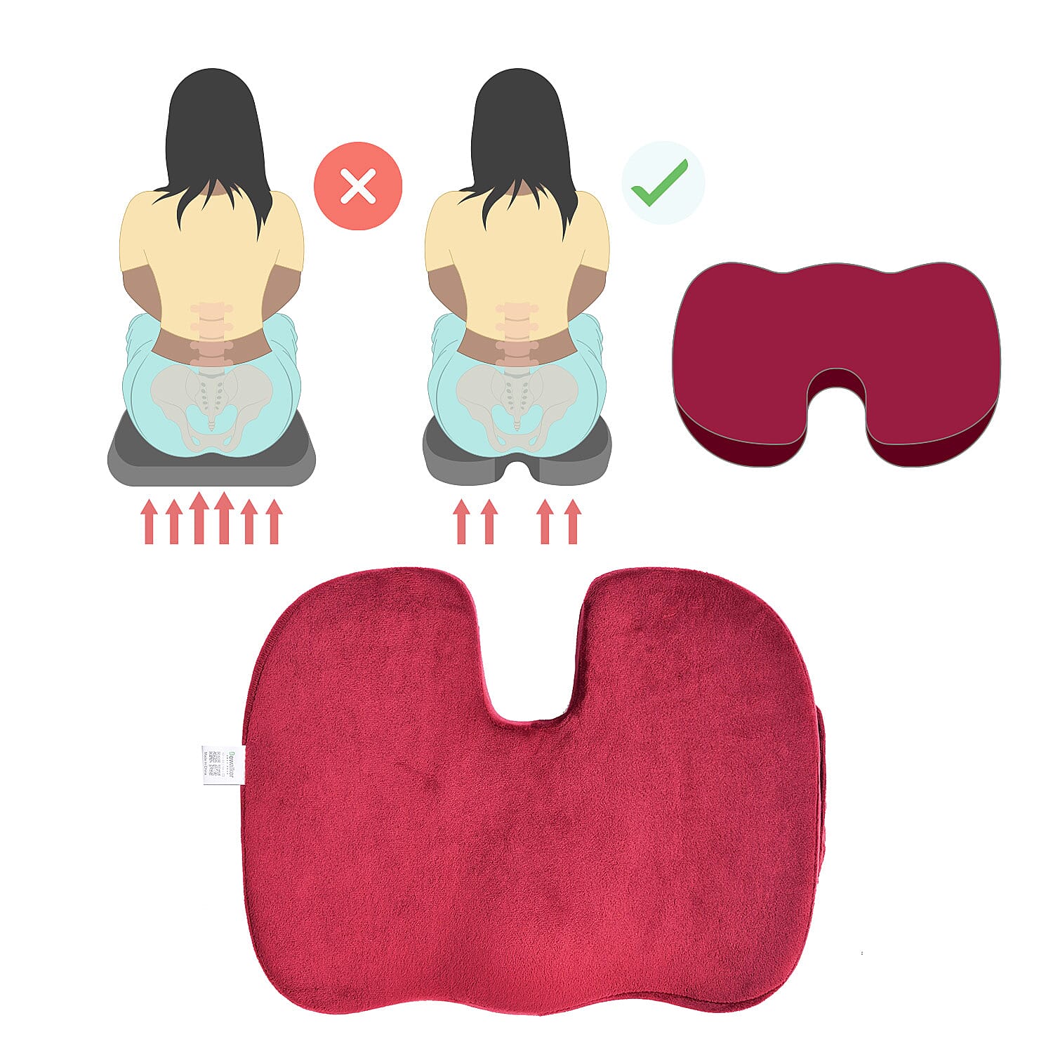 Memory Foam Seat Cushion (Size 44x35x7 Cm) - Burgundy