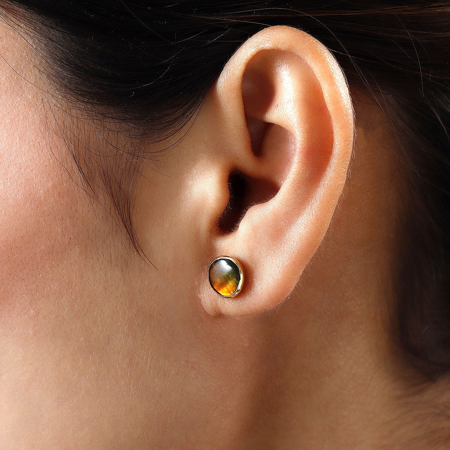 Ammolite Stud Earrings (with Push Back) in Vermeil Yellow Gold Plated Sterling Silver 3.00 Ct.