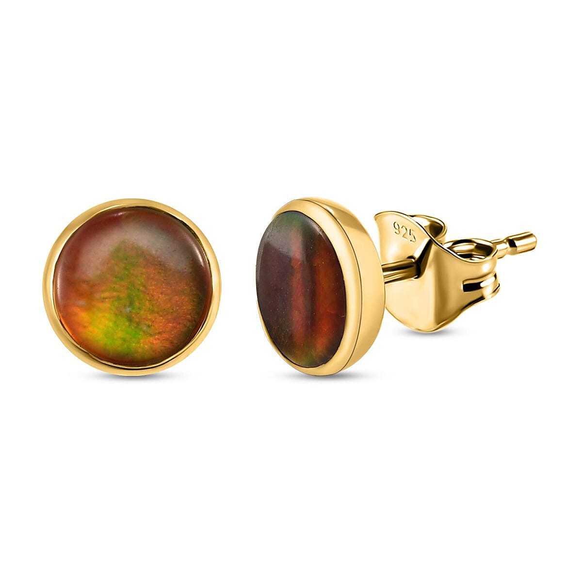 Ammolite Stud Earrings (with Push Back) in Vermeil Yellow Gold Plated Sterling Silver 3.00 Ct.