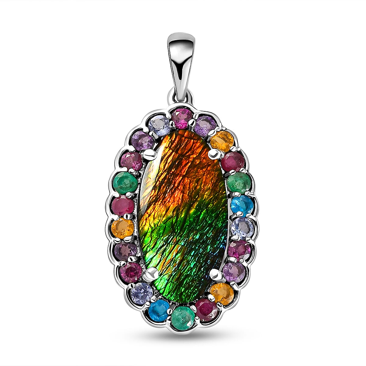 Ammolite and Multi Gemstones Pendant in Platinum Overlay Sterling Silver 5.55 Ct.