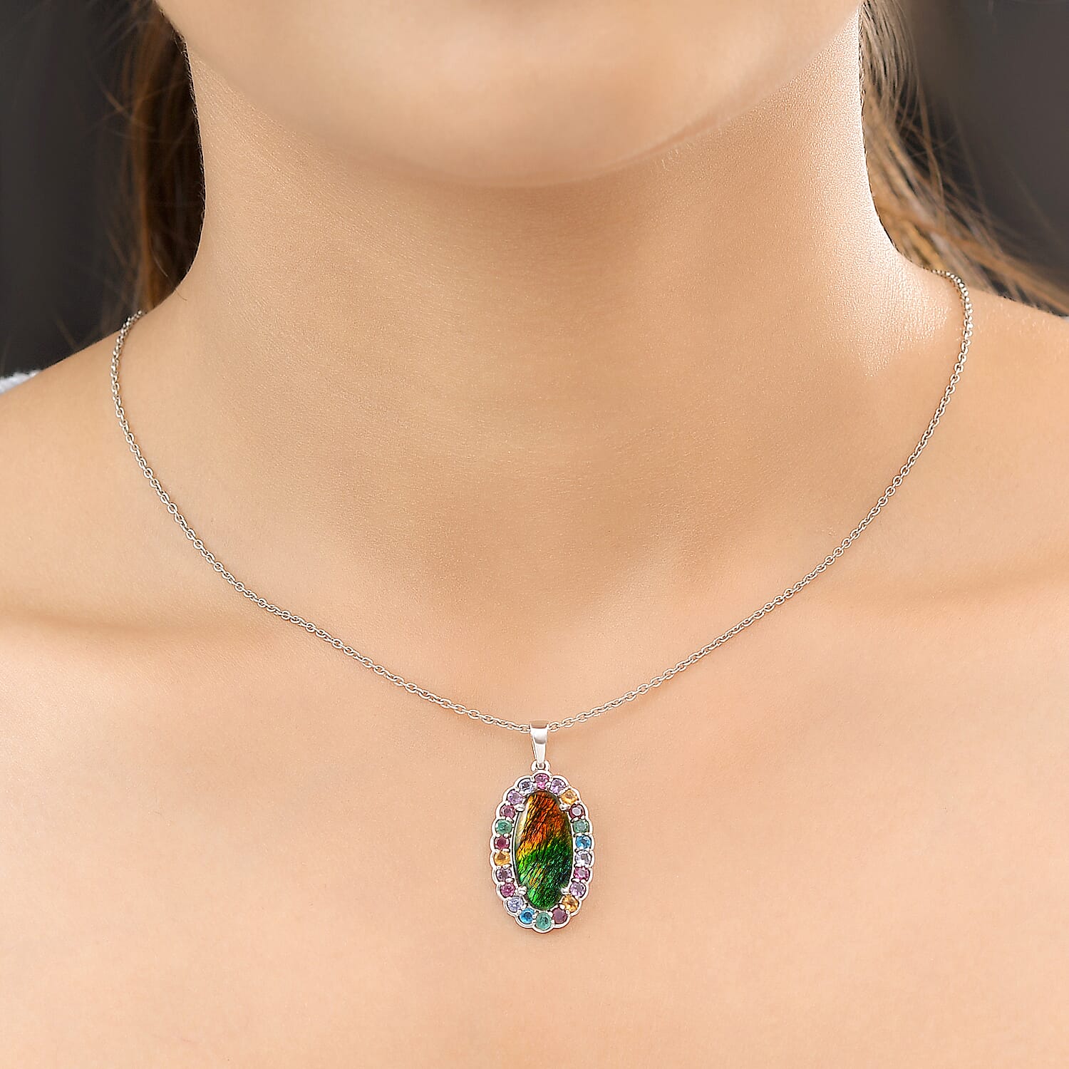 Ammolite and Multi Gemstones Pendant in Platinum Overlay Sterling Silver 5.55 Ct.