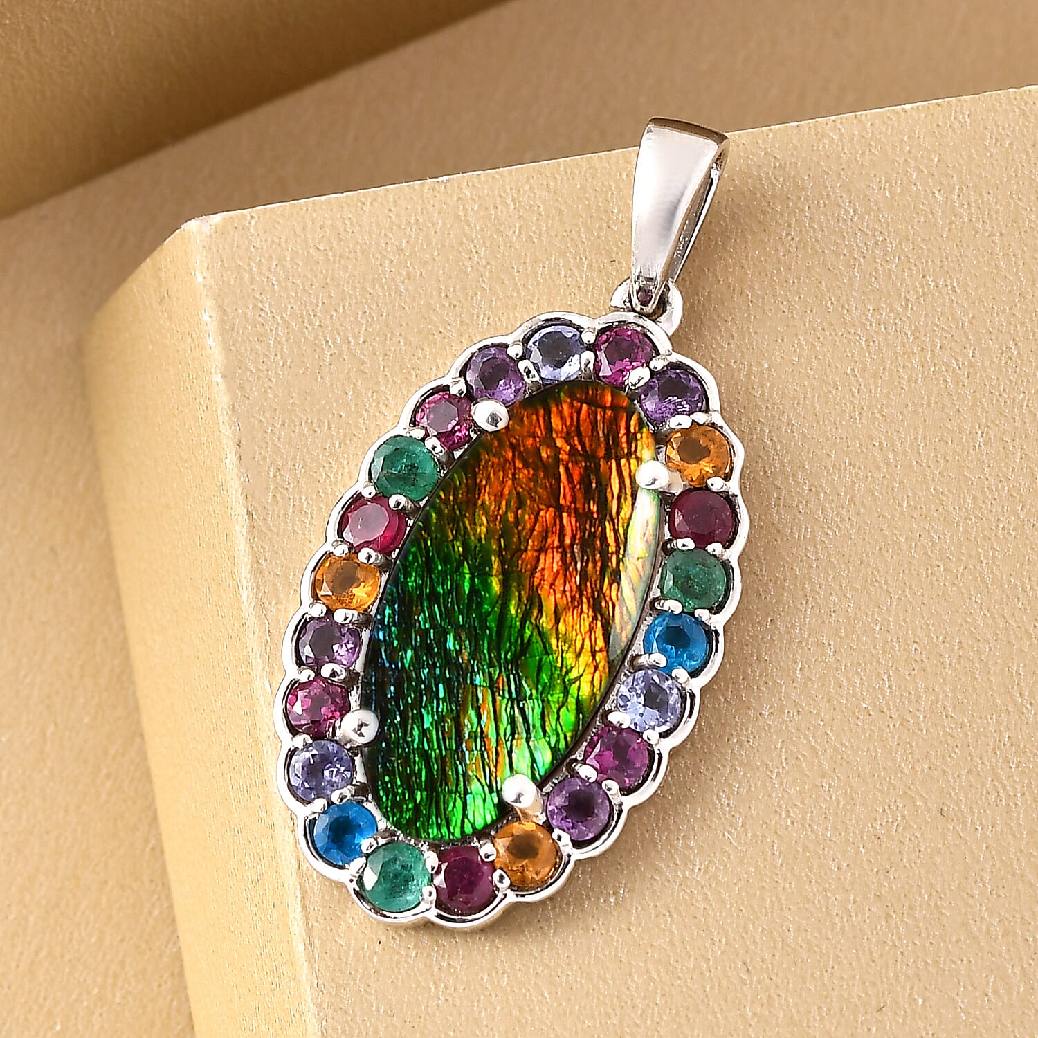 Ammolite and Multi Gemstones Pendant in Platinum Overlay Sterling Silver 5.55 Ct.