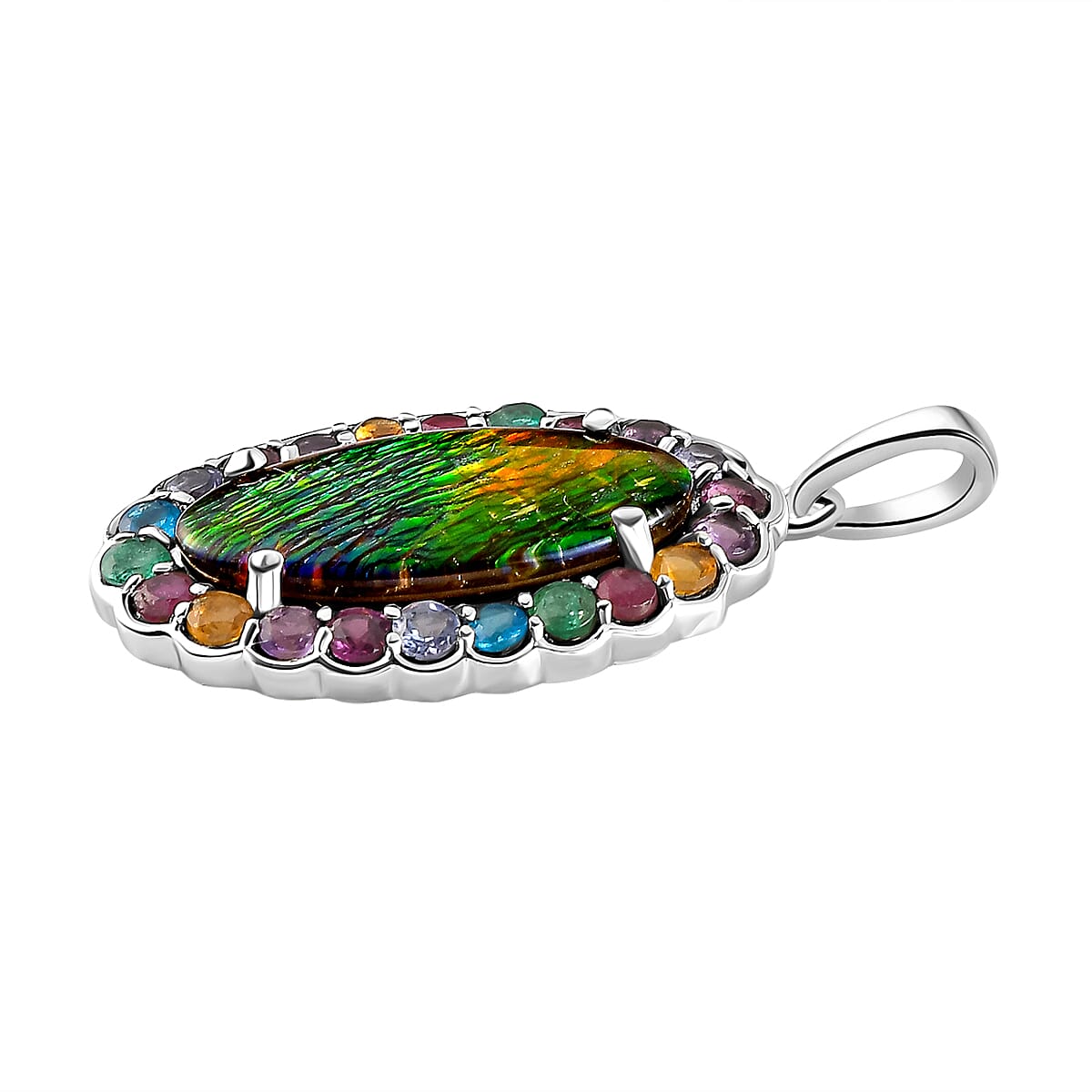Ammolite and Multi Gemstones Pendant in Platinum Overlay Sterling Silver 5.55 Ct.