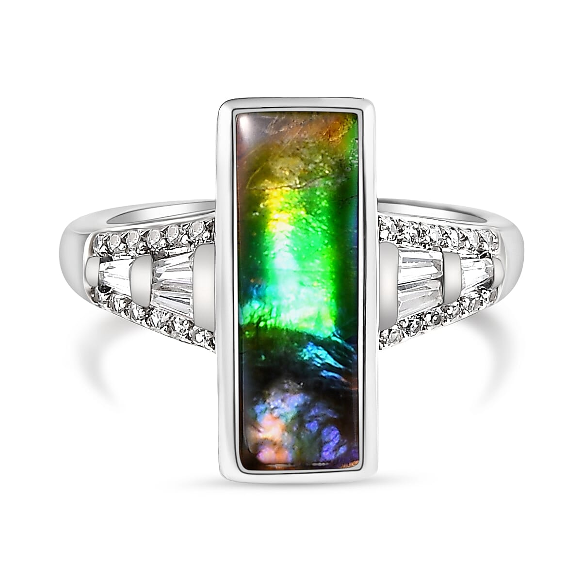Ammolite and Natural Cambodia Zircon Ring in Platinum Overlay Sterling Silver 3.01 Ct.