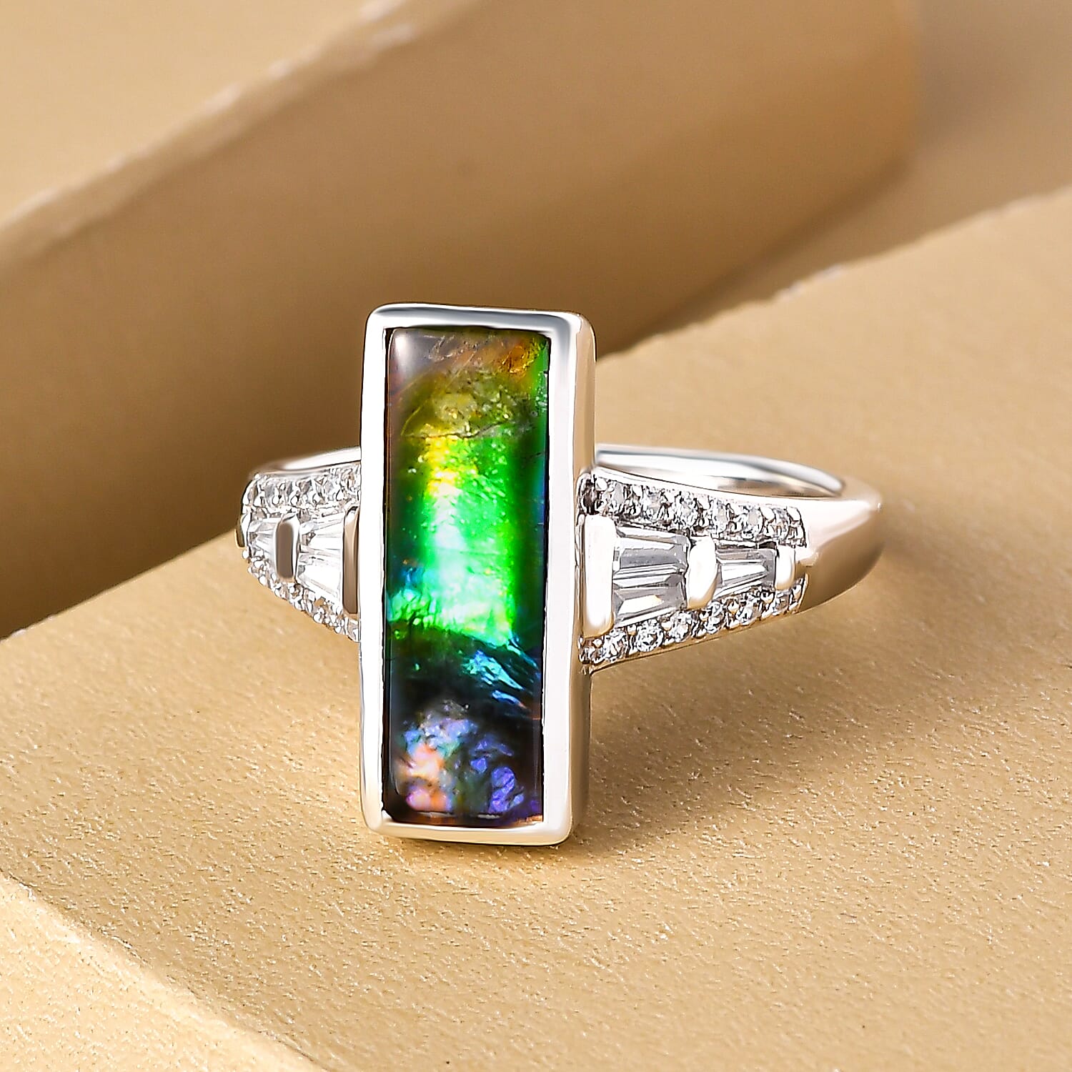 Ammolite and Natural Cambodia Zircon Ring in Platinum Overlay Sterling Silver 3.01 Ct.