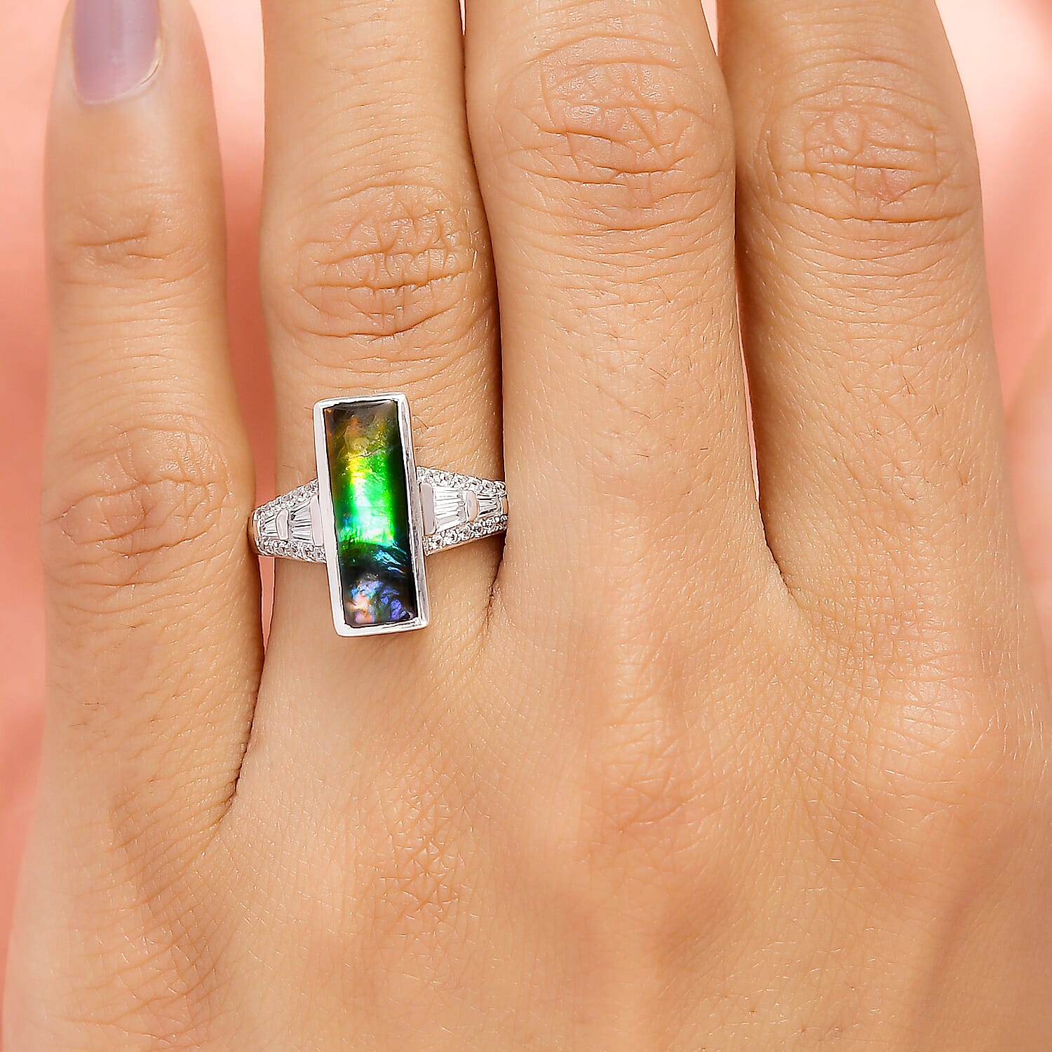 Ammolite and Natural Cambodia Zircon Ring in Platinum Overlay Sterling Silver 3.01 Ct.