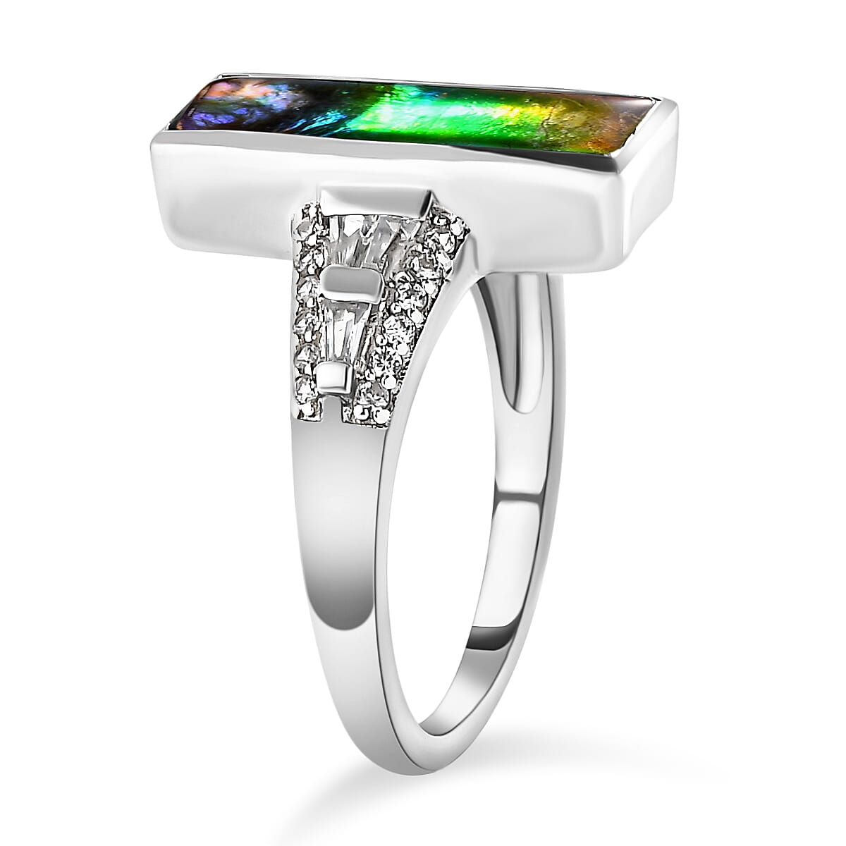 Ammolite and Natural Cambodia Zircon Ring in Platinum Overlay Sterling Silver 3.01 Ct.