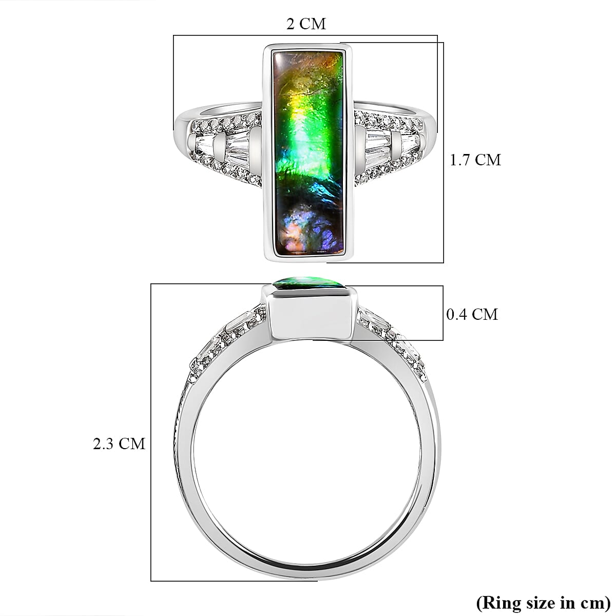 Ammolite and Natural Cambodia Zircon Ring in Platinum Overlay Sterling Silver 3.01 Ct.