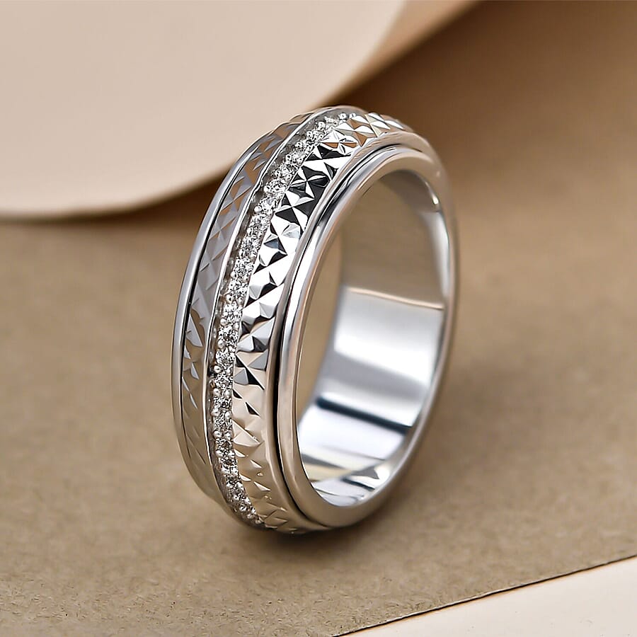 Simulated Diamond Band Ring in Silver Tone
