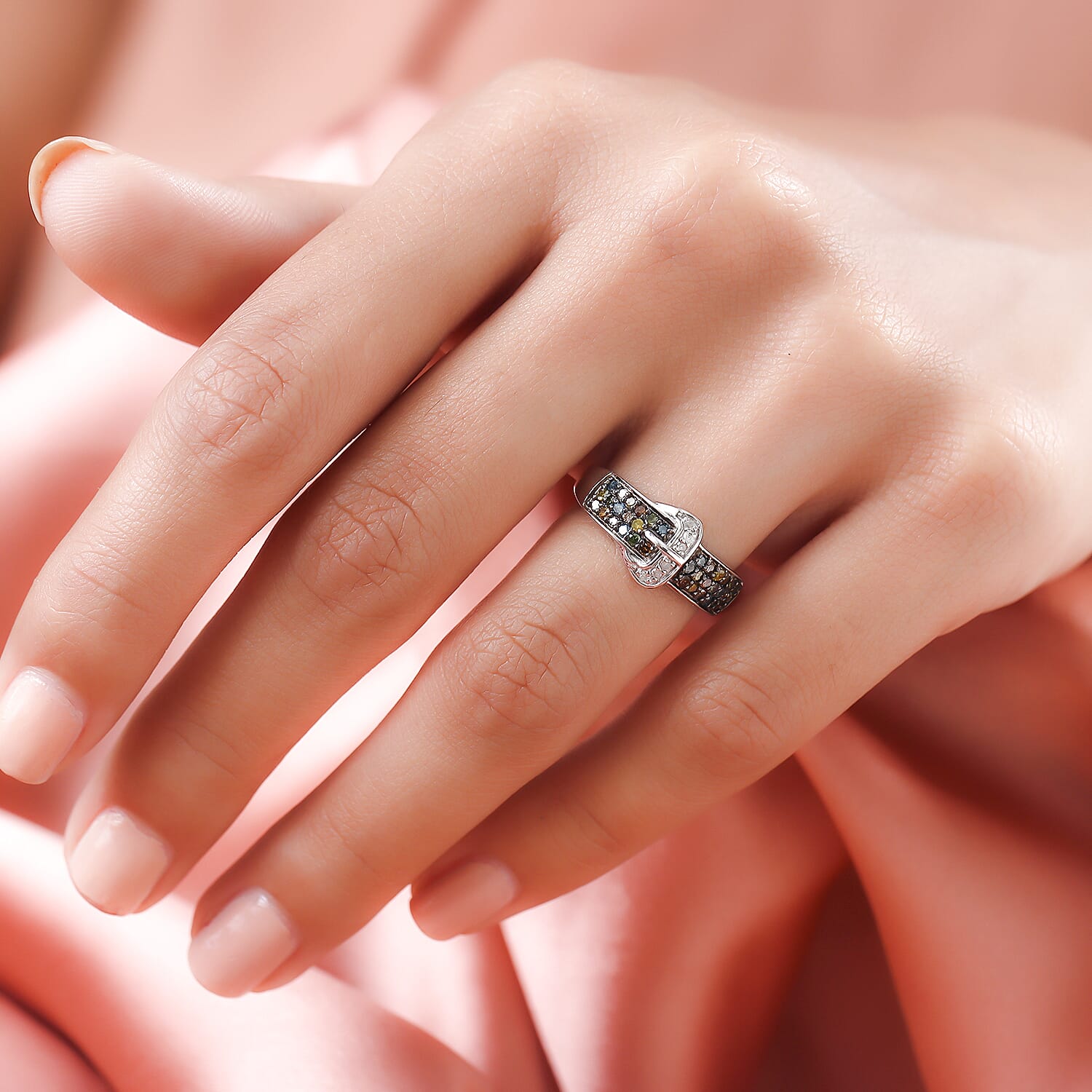 White and Multi Colour Diamond Buckle Ring in Platinum Overlay Sterling Silver 0.50 Ct.
