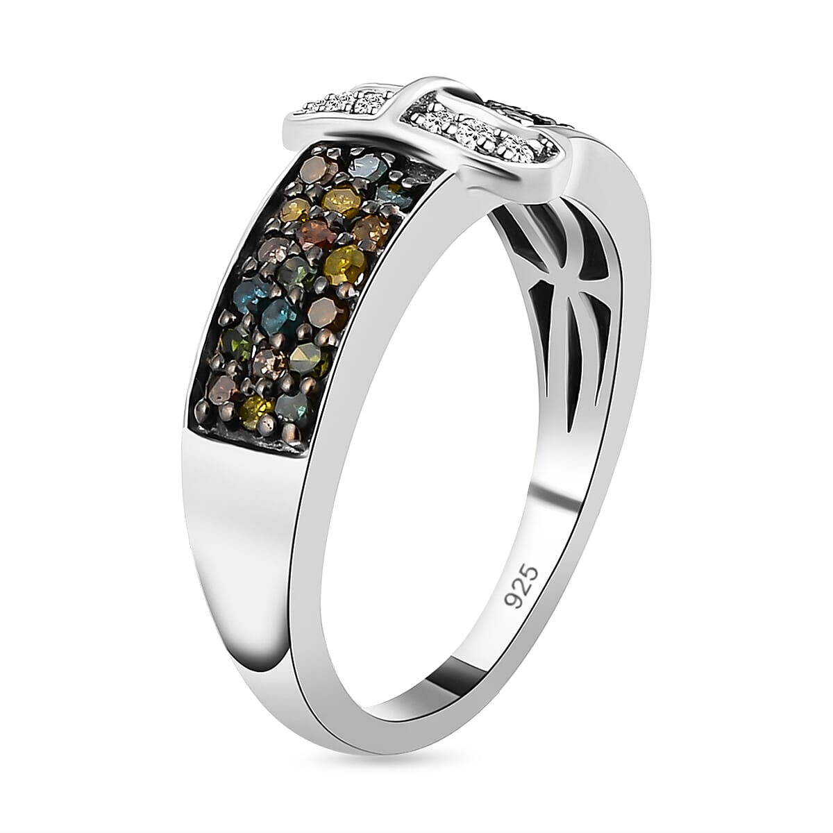 White and Multi Colour Diamond Buckle Ring in Platinum Overlay Sterling Silver 0.50 Ct.