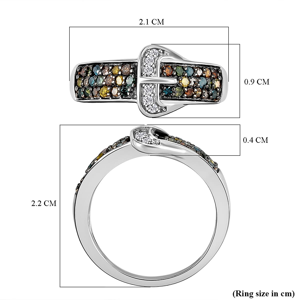 White and Multi Colour Diamond Buckle Ring in Platinum Overlay Sterling Silver 0.50 Ct.