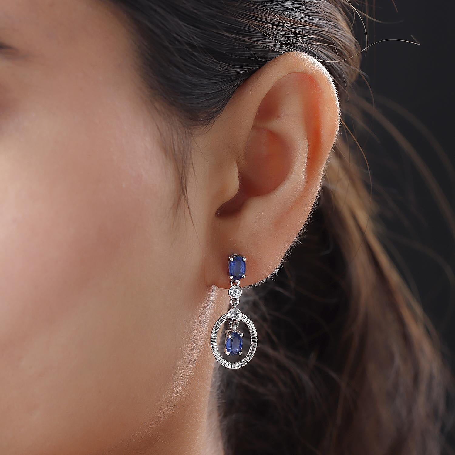 Kyanite and Natural Cambodian Zircon Dangling Earrings in Platinum Overlay Sterling Silver 2.62 Ct.