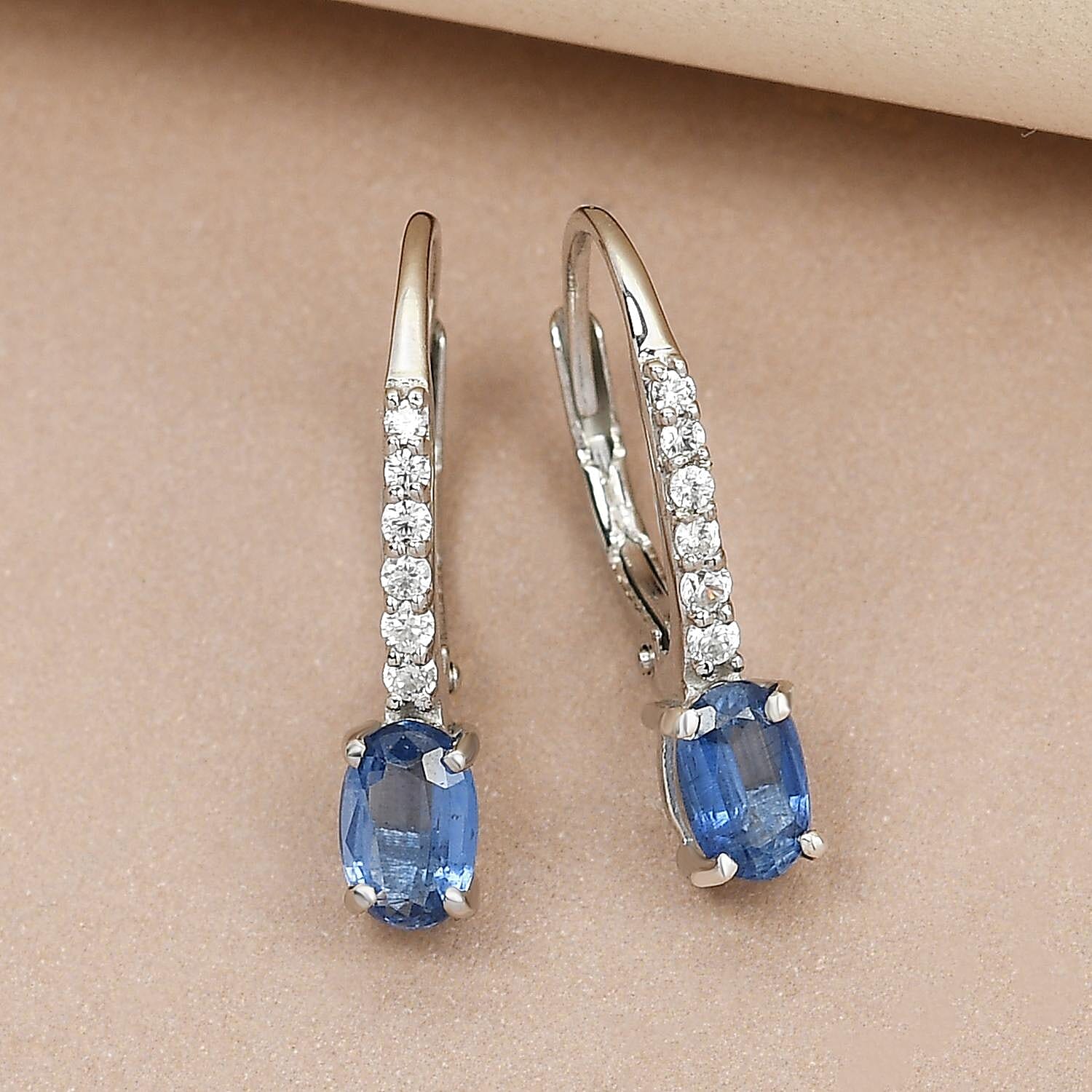 Kyanite and Natural Cambodian Zircon Hoop Earrings in Platinum Overlay Sterling Silver 1.37 Ct.