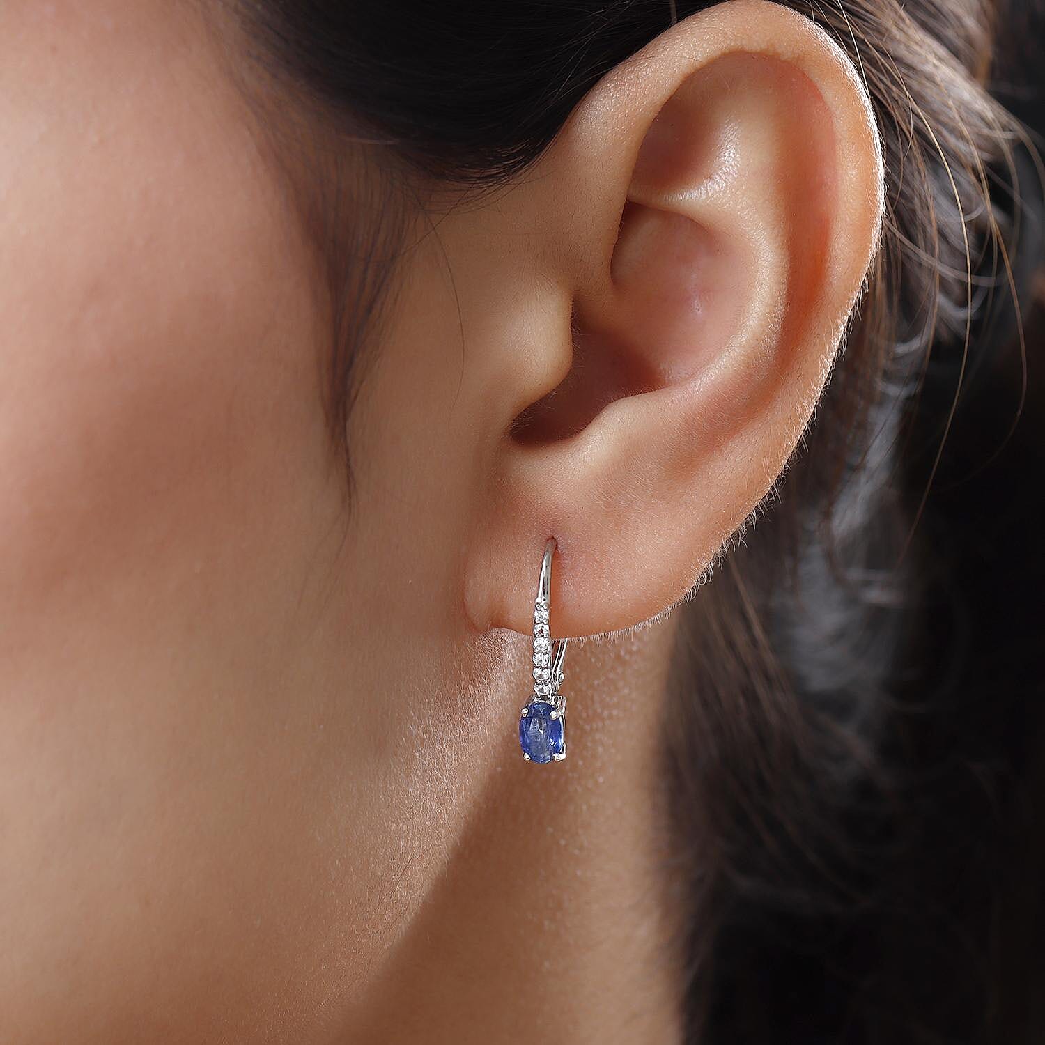 Kyanite and Natural Cambodian Zircon Hoop Earrings in Platinum Overlay Sterling Silver 1.37 Ct.