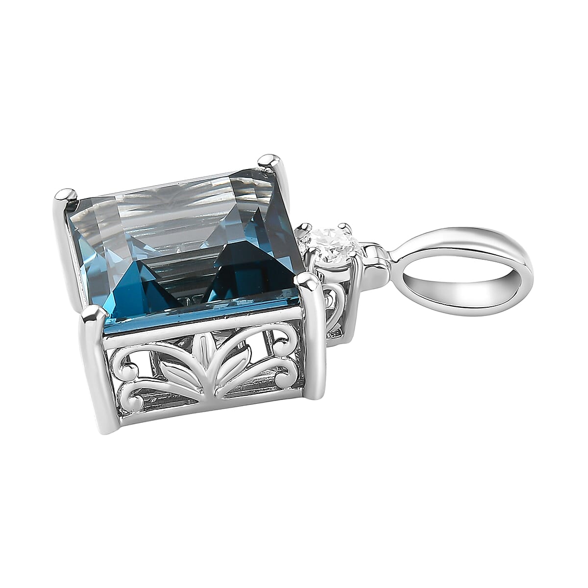 London Blue Topaz and Moissanite Pendant in Platinum Overlay Sterling Silver 16.75 Ct.