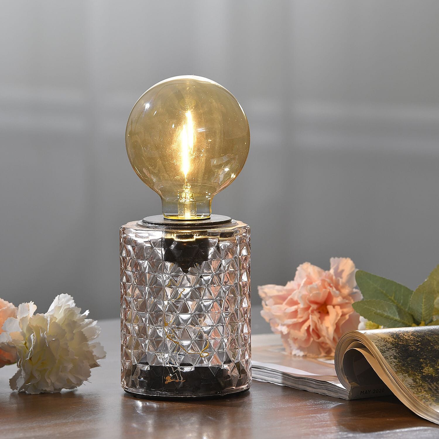 Jewel Cut Glass Table Lamp with Warm White Edison Filament Bulb - Pink, 3 AA Battery (Not Inc)