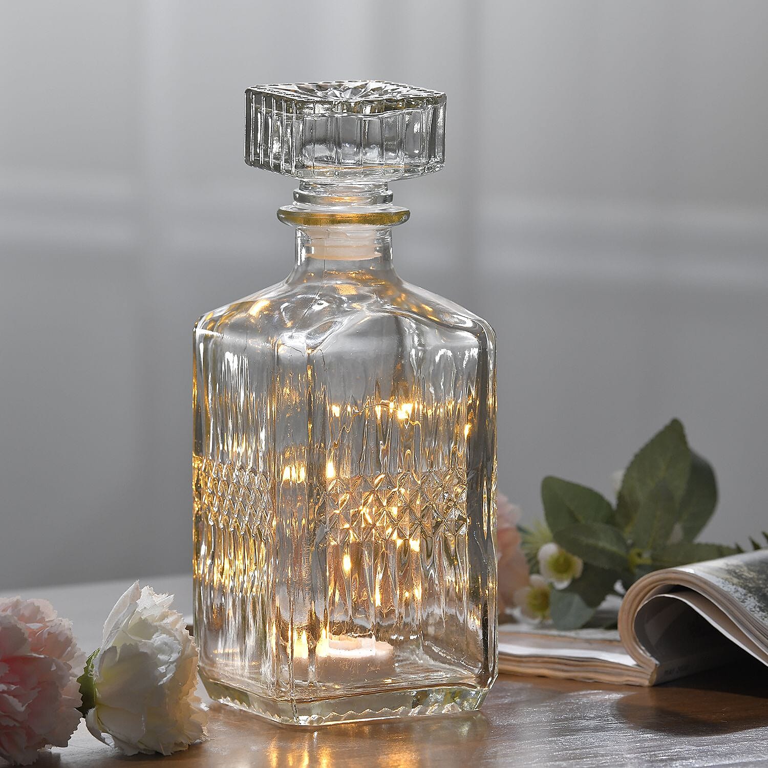 Embossed Square Glass Bottle with 18 Mini LED String Lights (Size 9x9x23 Cm)