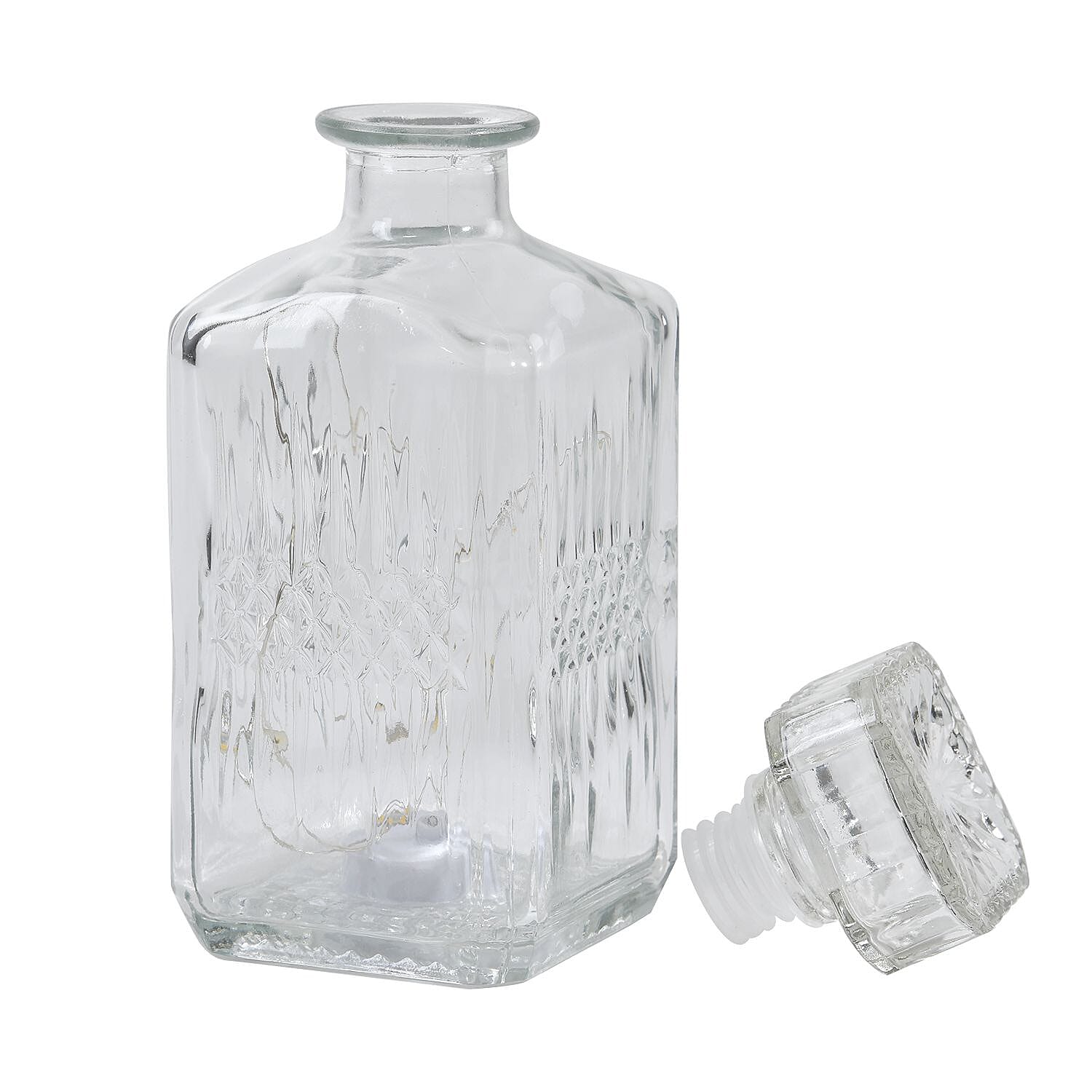 Embossed Square Glass Bottle with 18 Mini LED String Lights (Size 9x9x23 Cm)