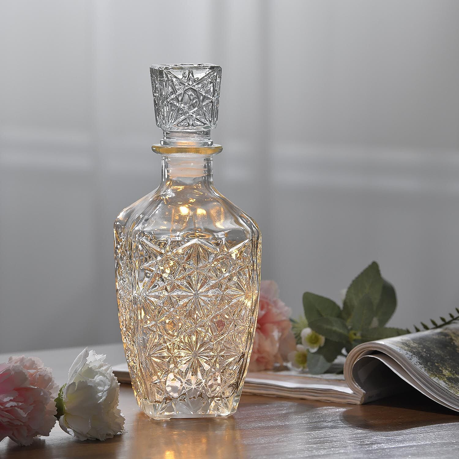 Embossed Glass Decanter with 18 Mini LED String Lights (Size 9x9x24 Cm)