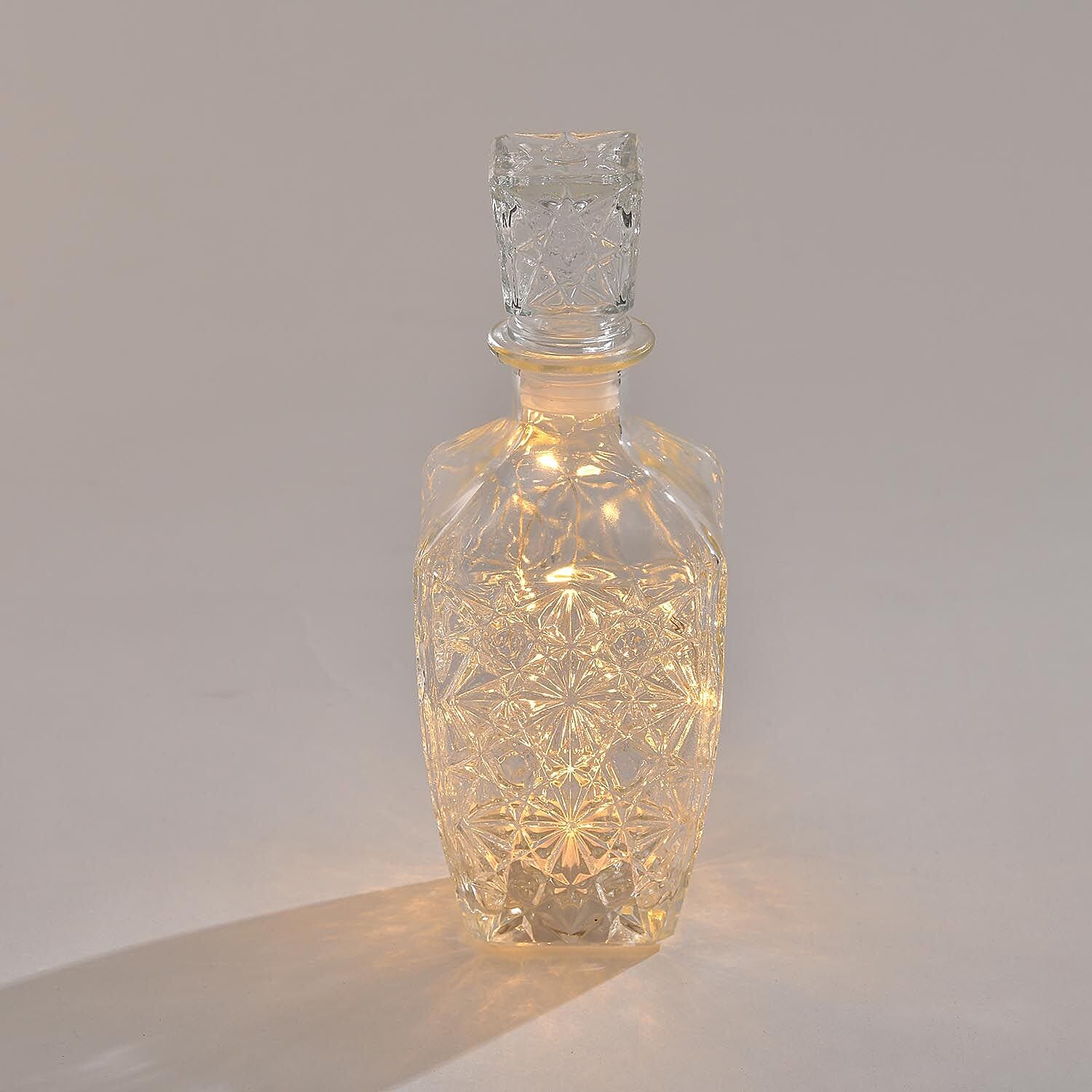 Embossed Glass Decanter with 18 Mini LED String Lights (Size 9x9x24 Cm)