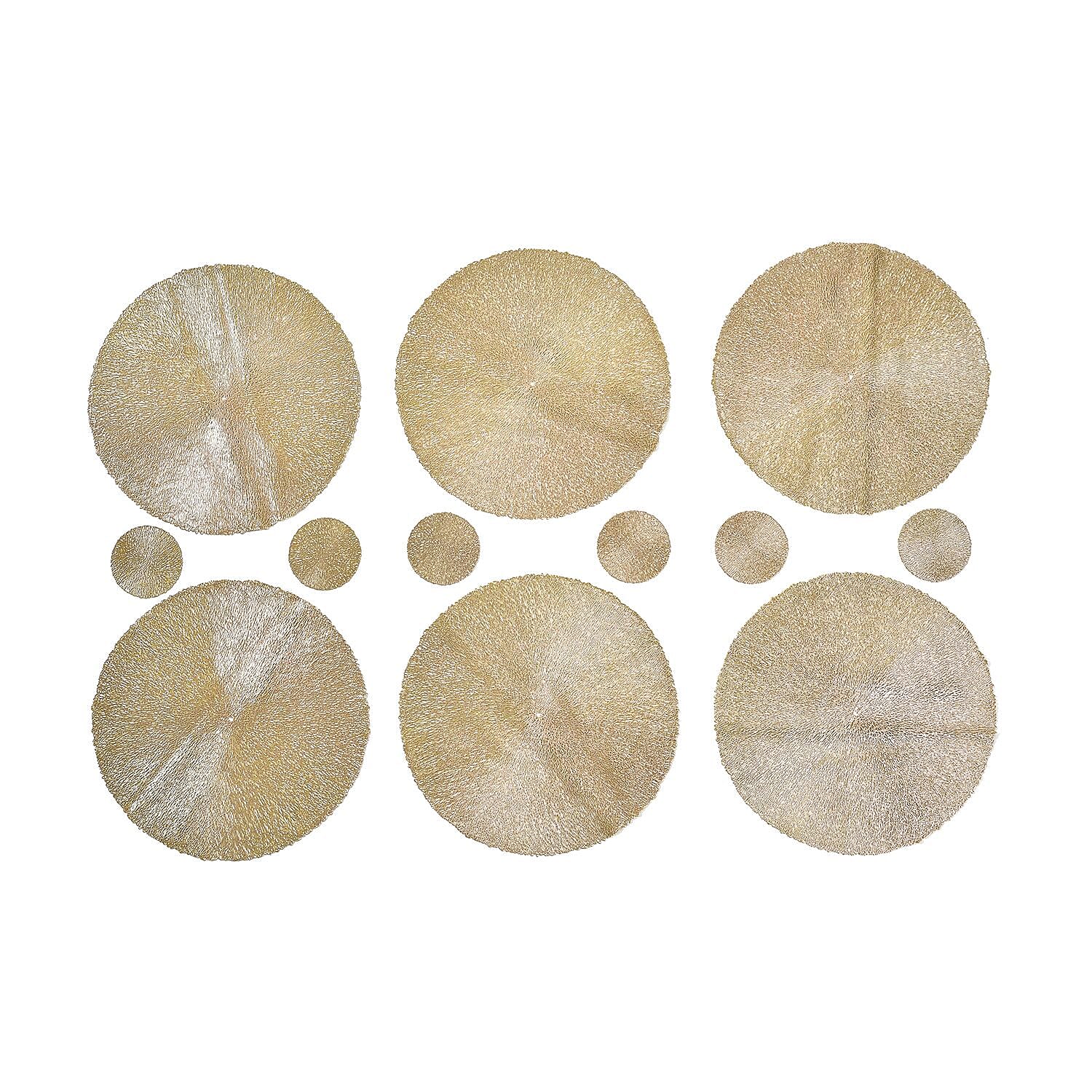 Set of 12 Round Hollow Placemat and Coaster (Incl. 6 Placemats and 6 Coasters) - Gold