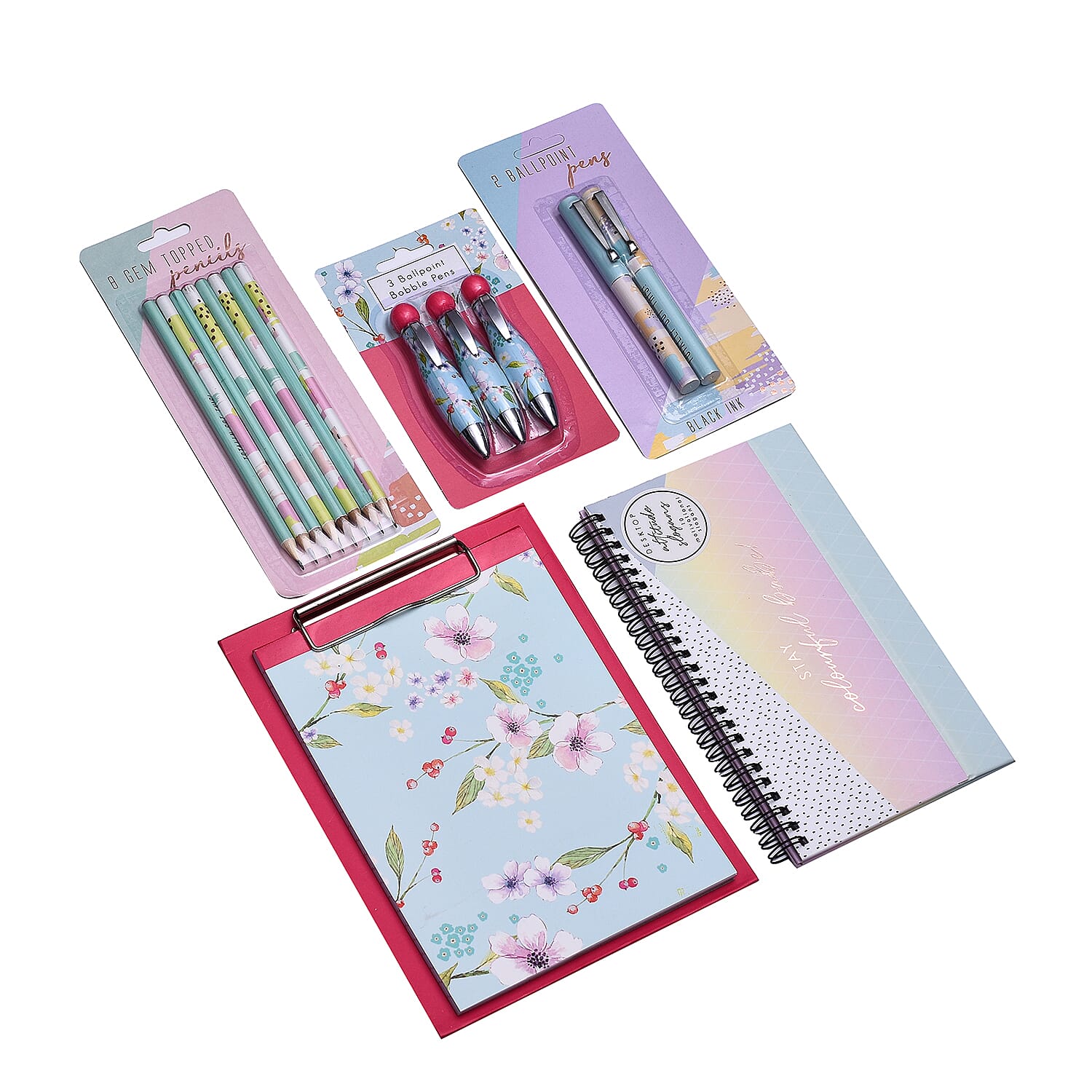 Back to School - Pack of 5 Stationery Item (Inclu. 3 Pack Bobble Pens, Mini Clipboard & Pad, 2 Ballpoint Pens, 8 Gem Topped Pencils and Desktop Slogan Calendar)