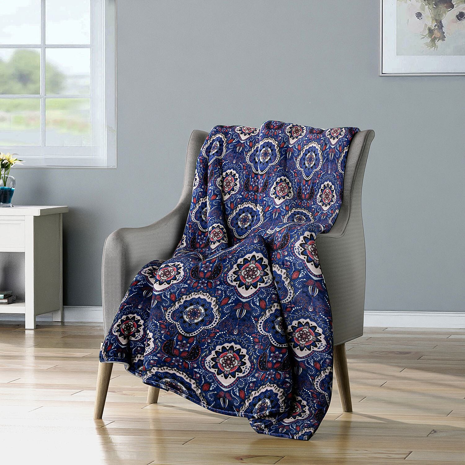 Tjc Ethnic Flower Pattern Single Layer Flannel Blanket (Size 200x150 Cm) - Navy