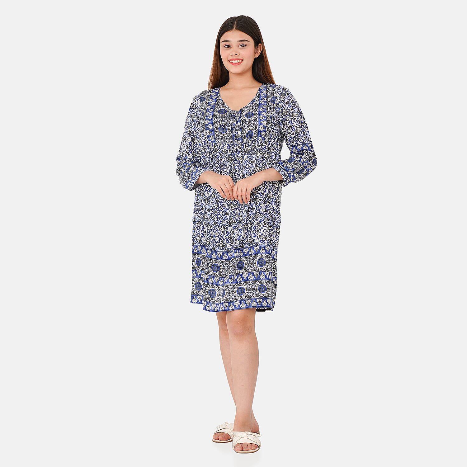 TAMSY Viscose Printed Dress - Beige