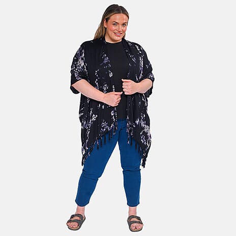 TAMSY 100% Viscose Tie Die Printed Kimono - Black