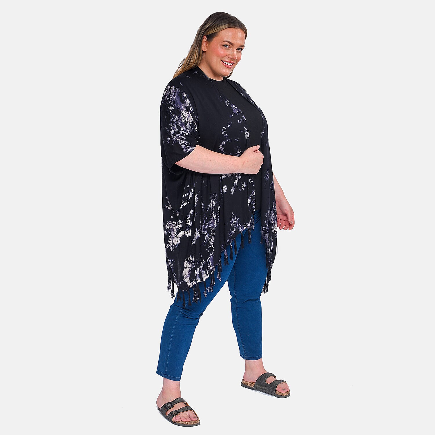 TAMSY 100% Viscose Tie Die Printed Kimono - Black