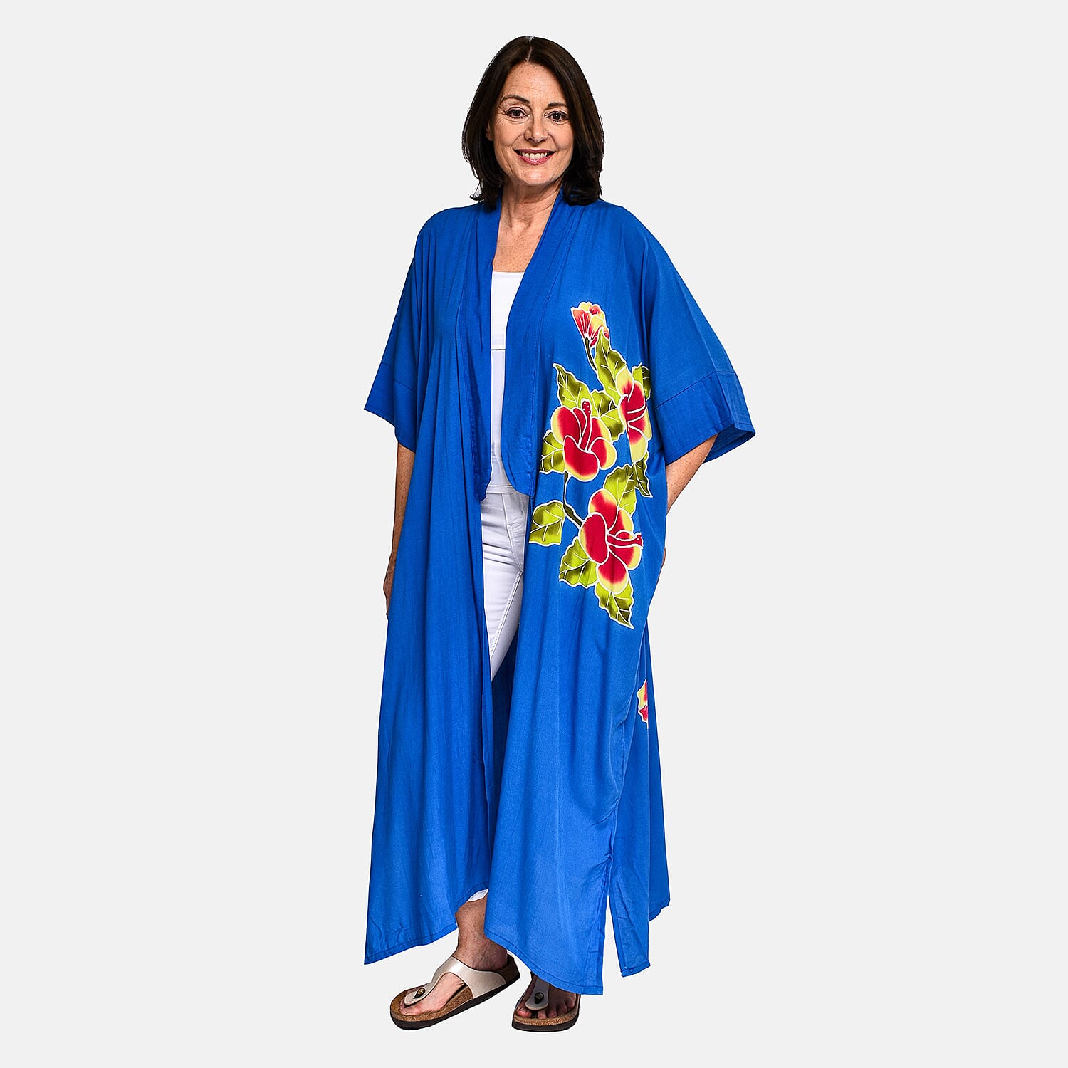 Bali Collection - 100% Viscose Handpainted Floral Pattern Kimono (One Size) - Blue