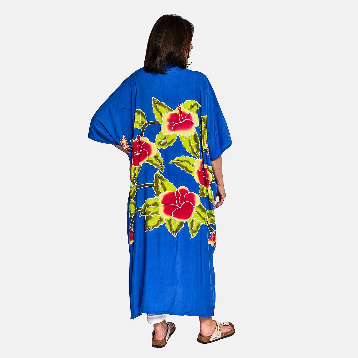 Bali Collection - 100% Viscose Handpainted Floral Pattern Kimono (One Size) - Blue