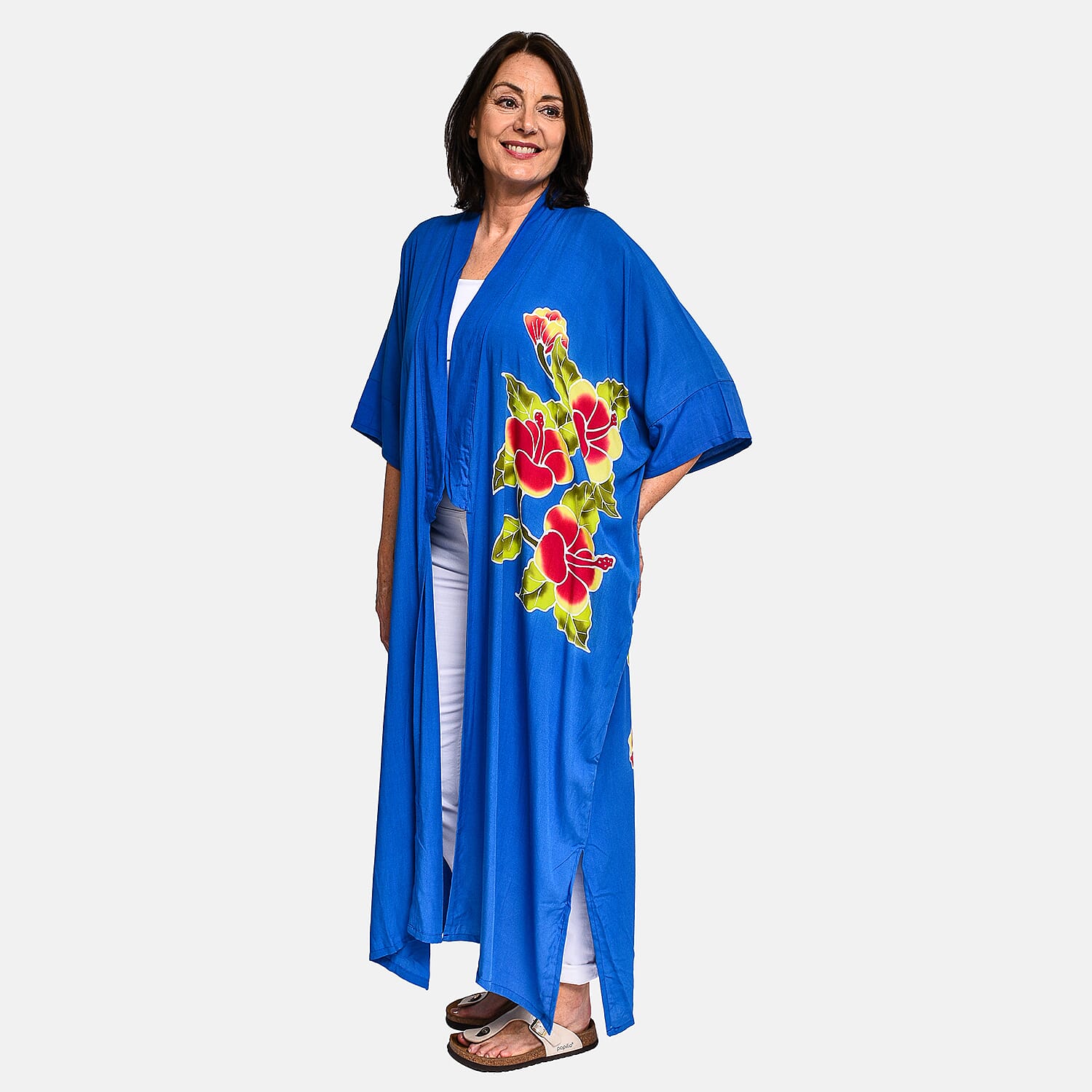 Bali Collection - 100% Viscose Handpainted Floral Pattern Kimono (One Size) - Blue