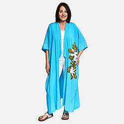 Bali Collection - 100% Viscose Handpainted Floral Pattern Kimono (One Size) - Blue