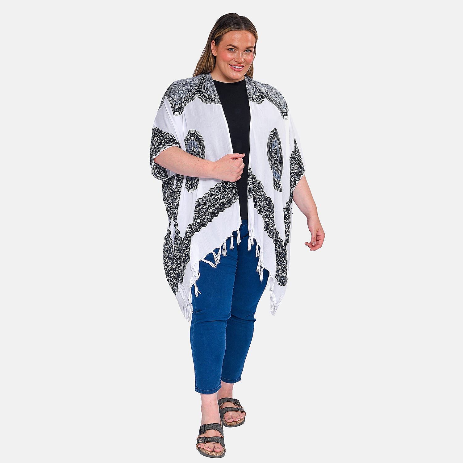 TAMSY 100% Viscose Printed Kimono - White & Black