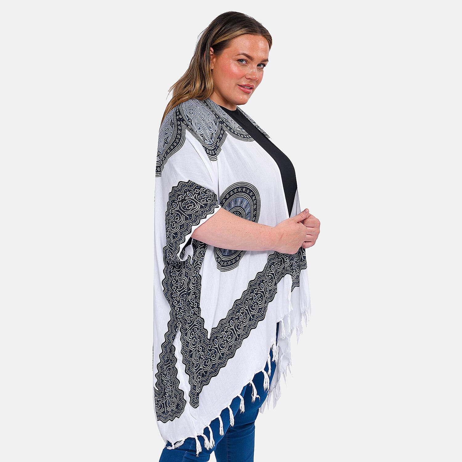 TAMSY 100% Viscose Printed Kimono - White & Black