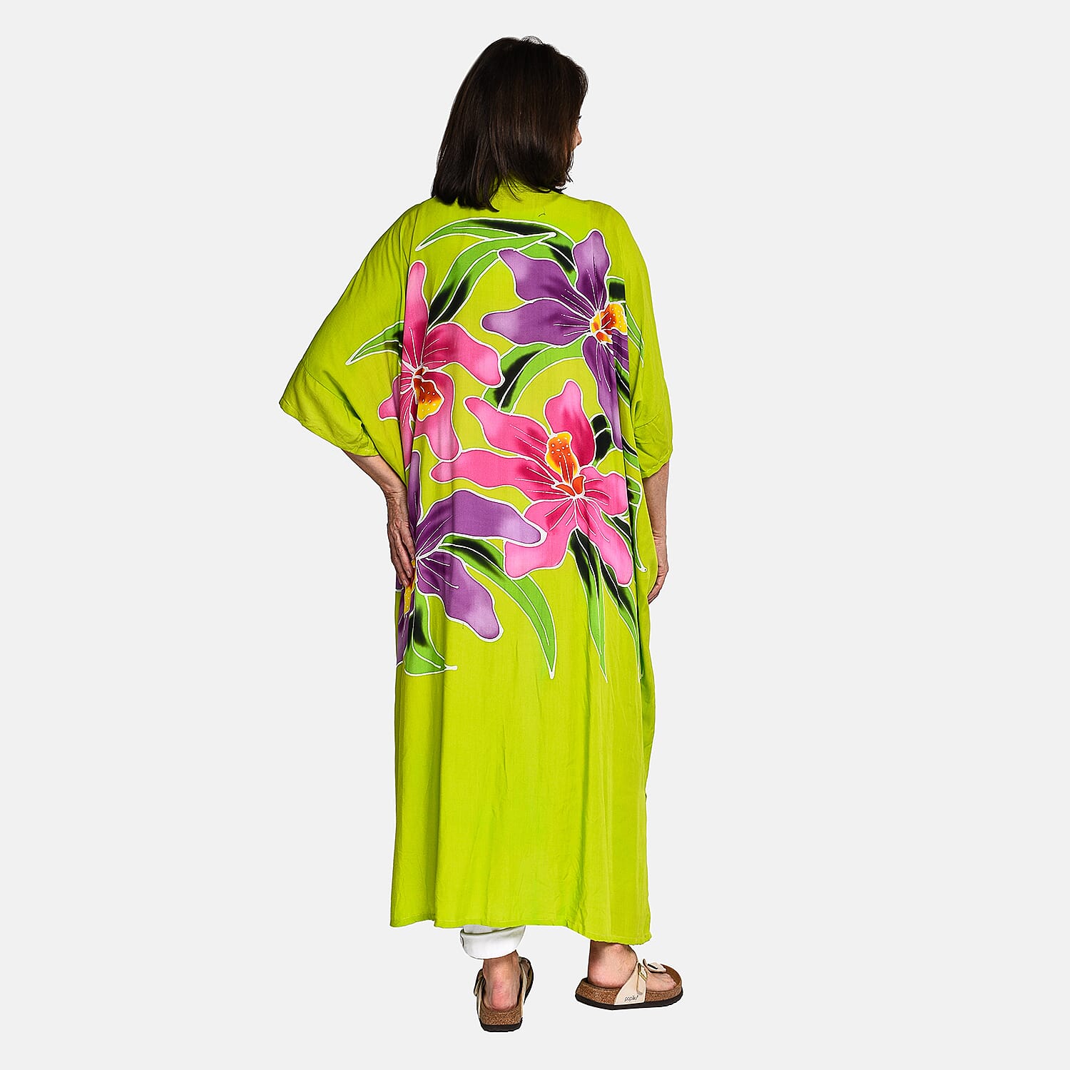Bali Collection - 100% Viscose Handpainted Floral Pattern Kimono (One Size) - Green