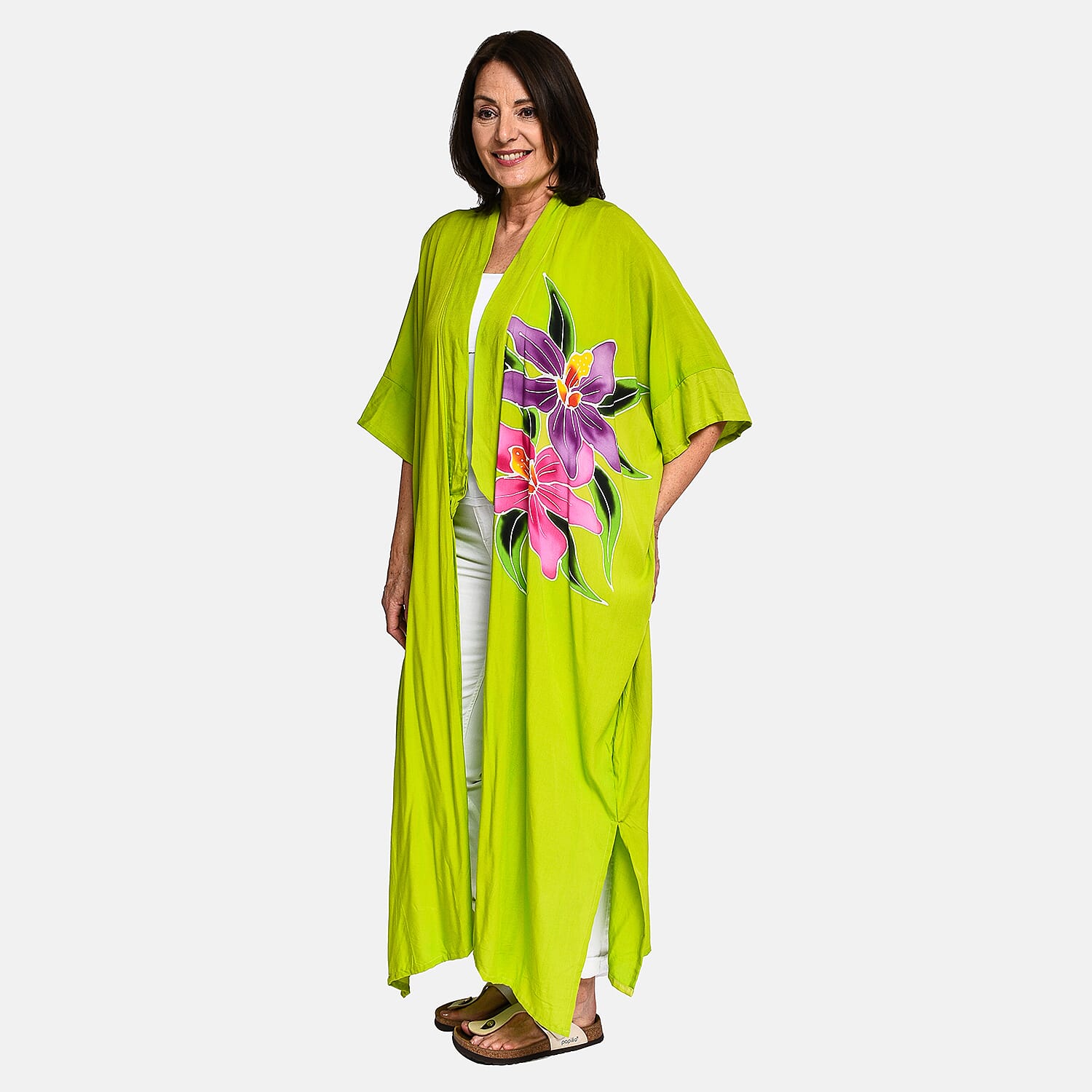 Bali Collection - 100% Viscose Handpainted Floral Pattern Kimono (One Size) - Green