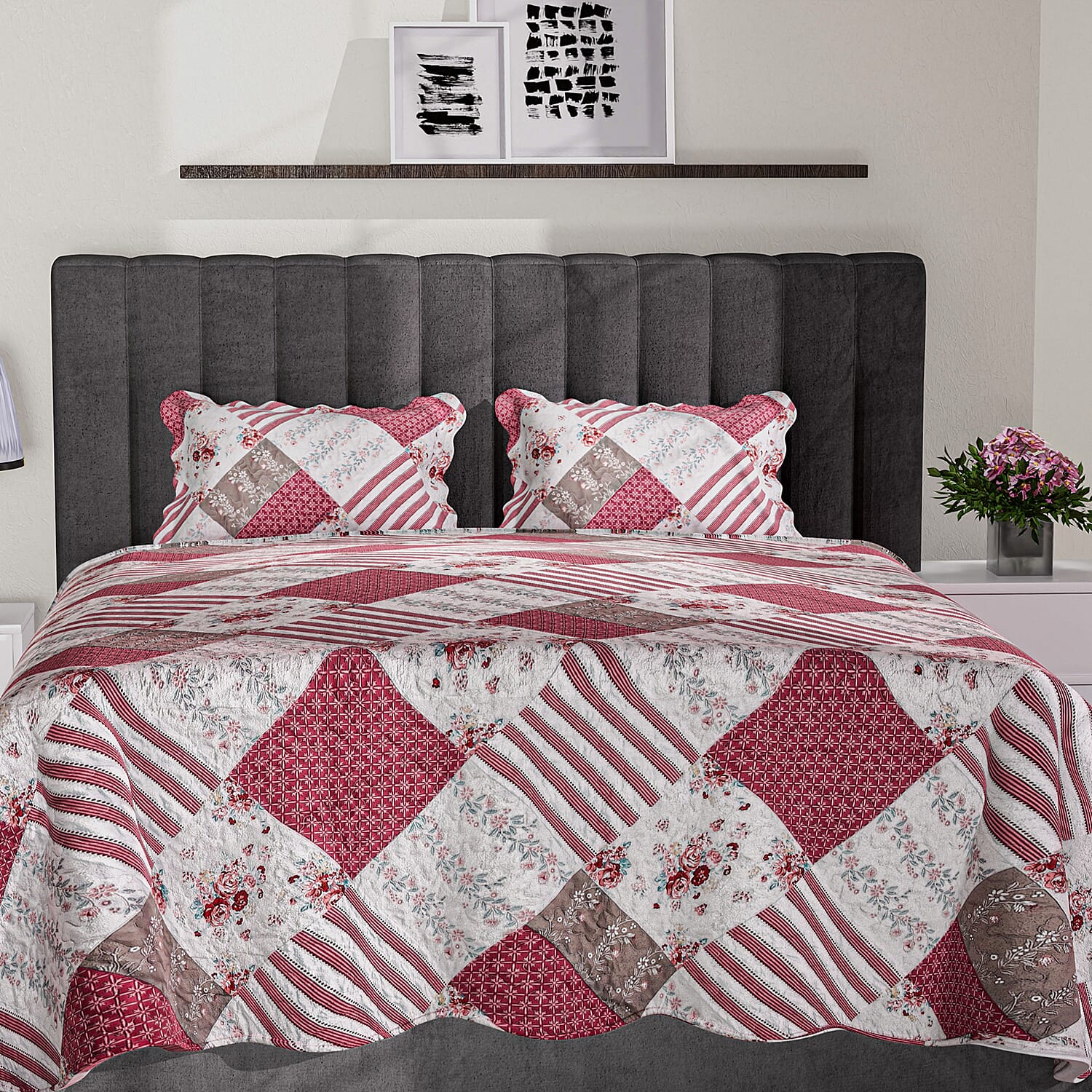 Tjc Polyester Patchwork Bedding Set (Size 200x1 ) - Red & Brown