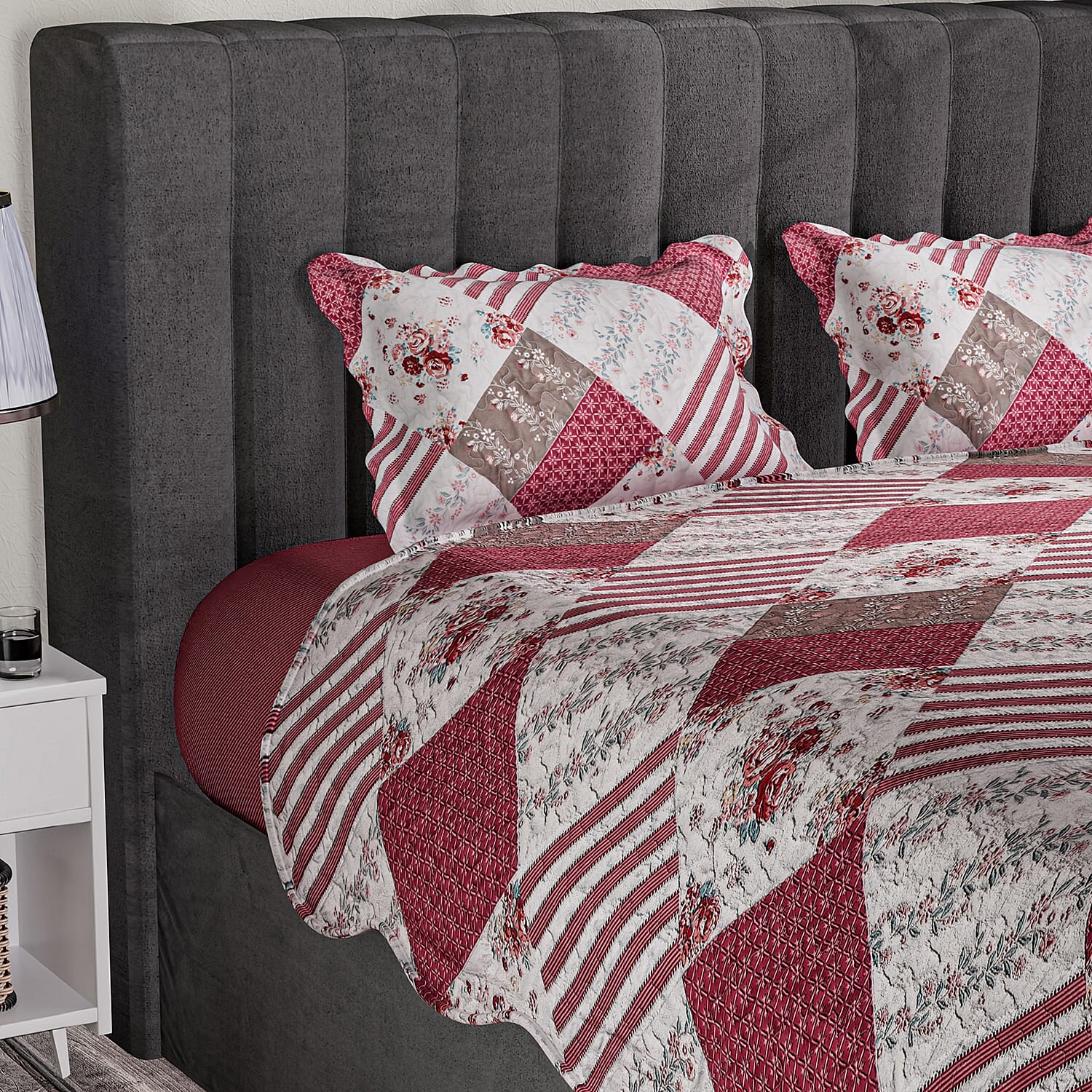 Tjc Polyester Patchwork Bedding Set (Size 200x1 ) - Red & Brown