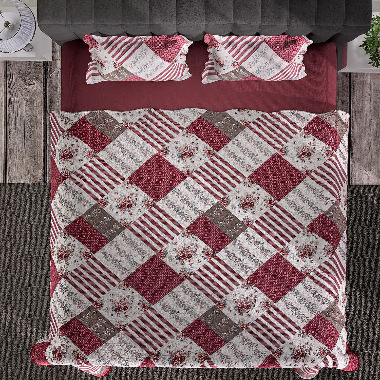 Tjc Polyester Patchwork Bedding Set (Size 200x1 ) - Red & Brown