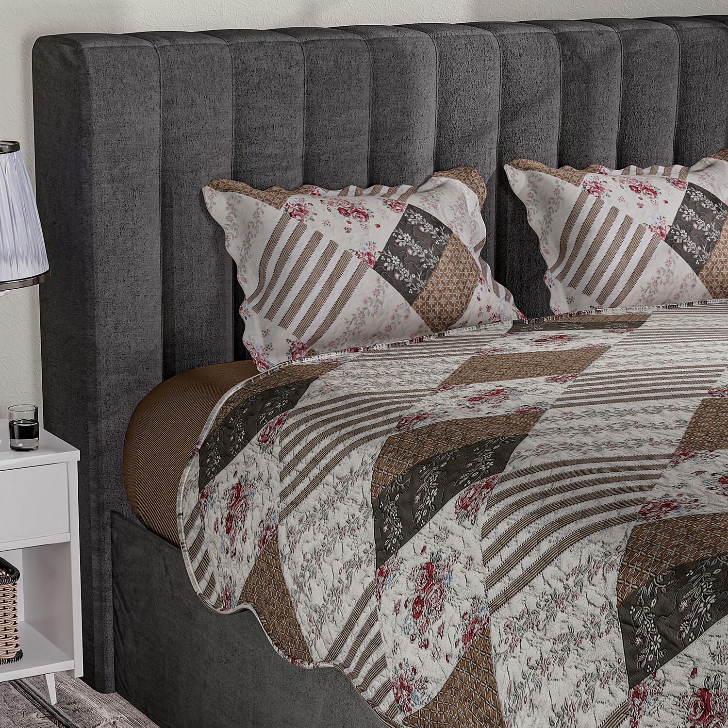 Tjc Polyester Patchwork Bedding Set (Size 200x1 ) - Red & Brown