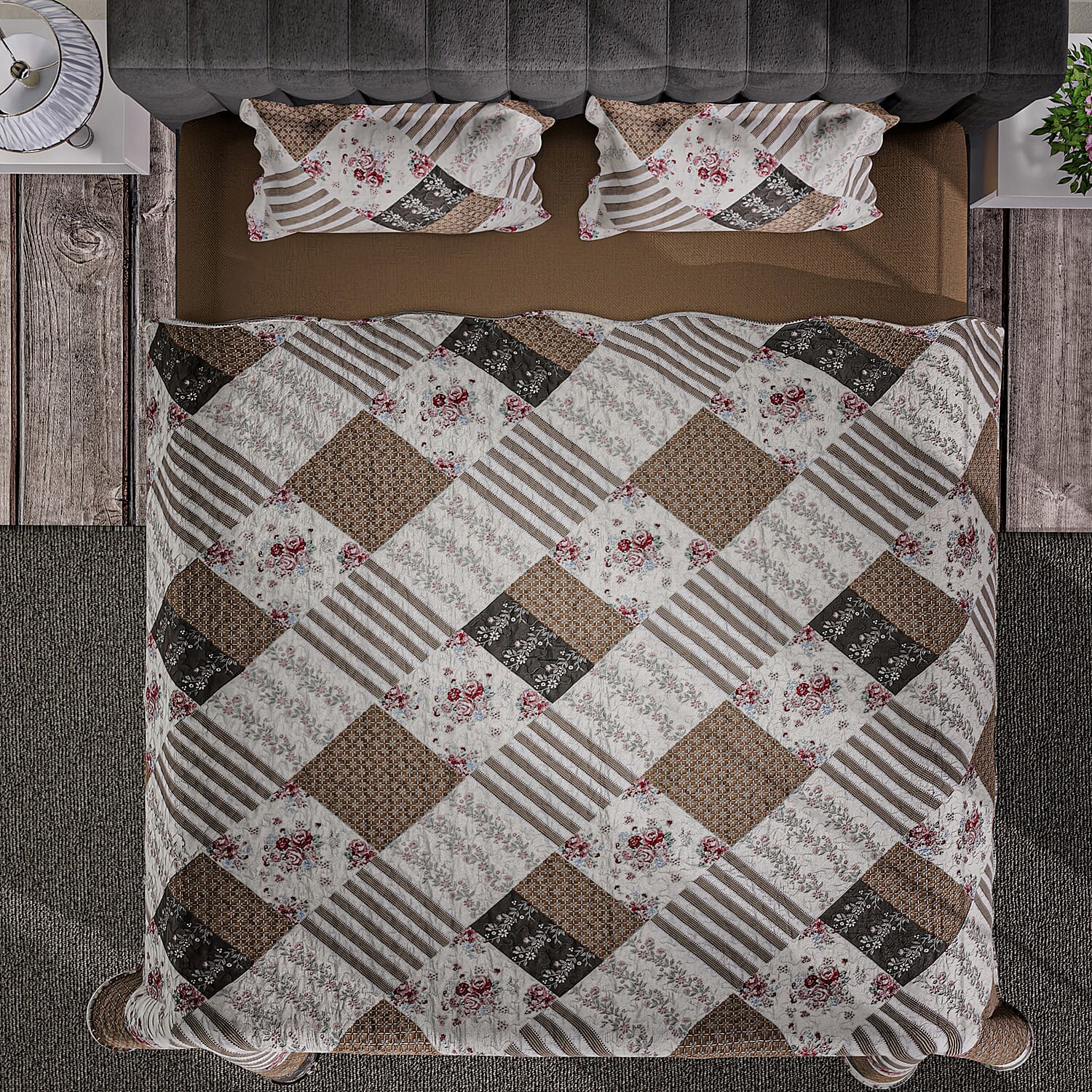 Tjc Polyester Patchwork Bedding Set (Size 200x1 ) - Red & Brown